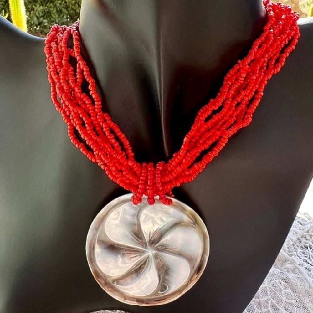 Vintage carved Mother of Pearl Shell & Red Seed Bead Button Necklace
